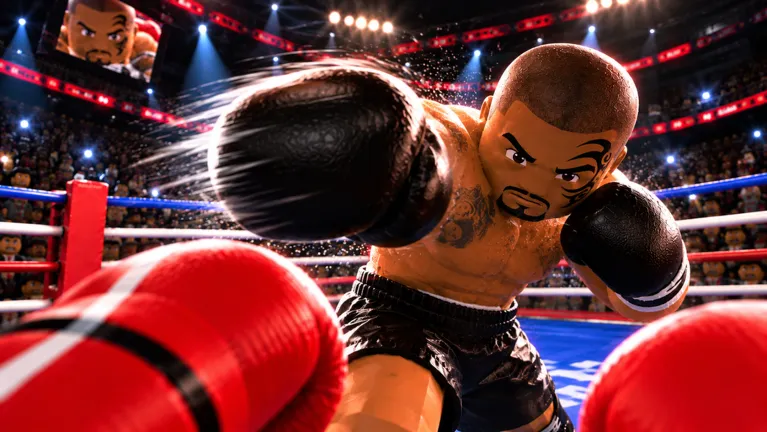 A boxer in black trunks lunging forward with a black glove filling the frame, red gloves at the screen edges.