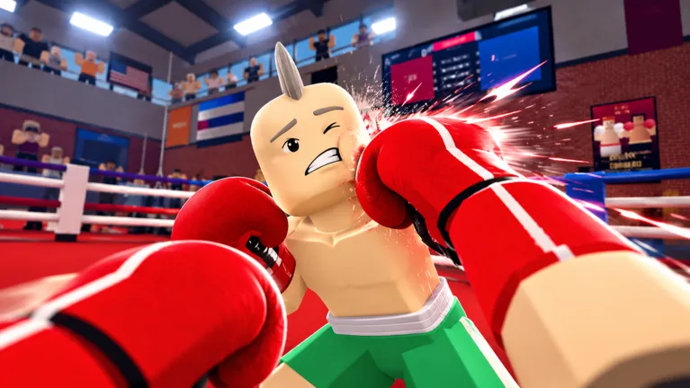 A bald boxer with a horn-like hair spike wincing as a red glove lands, in a gym with banners and a scoreboard.